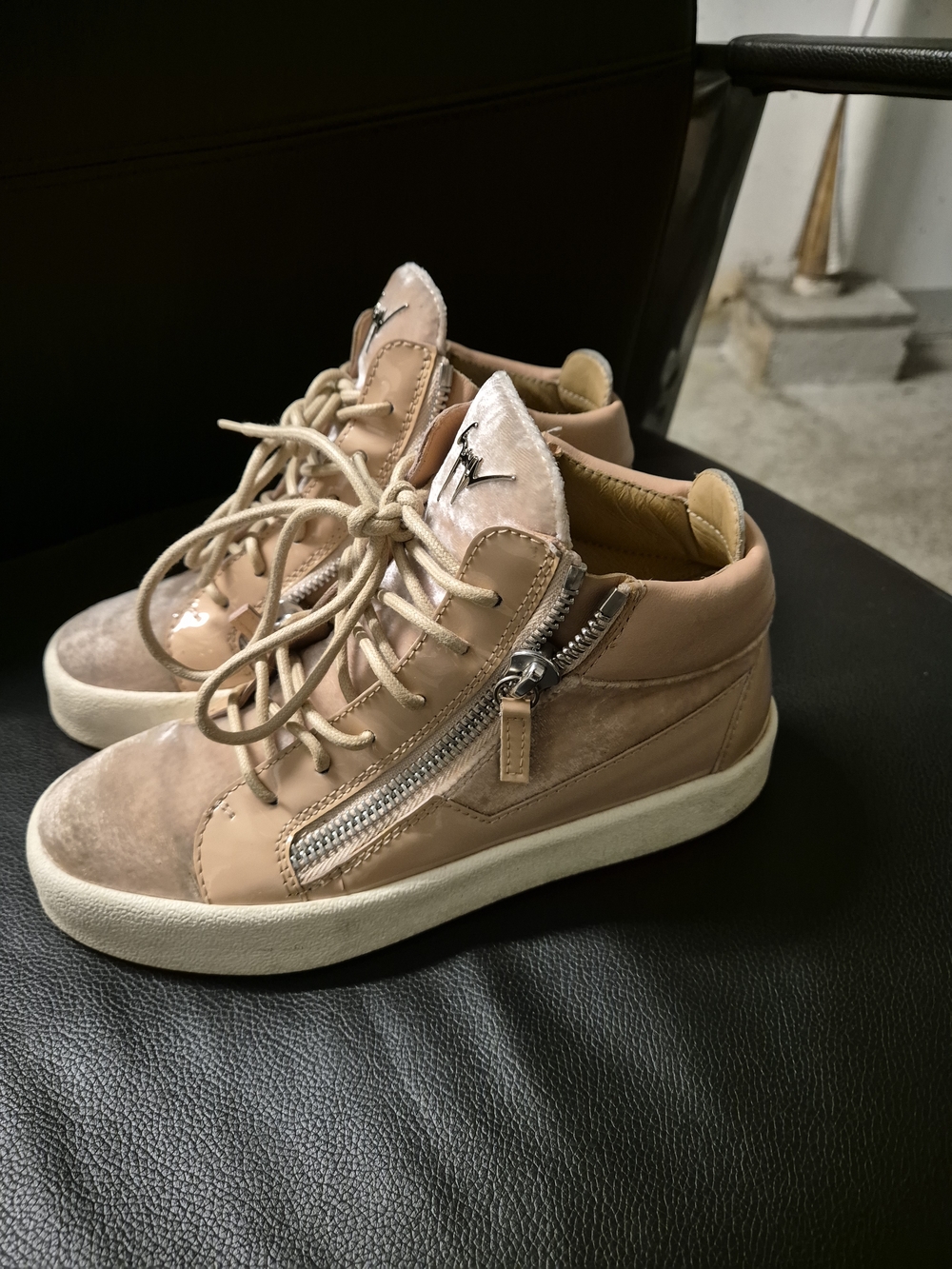 Giuseppe Zanotti Blush Pink High-Top Velvet & Leather Sneakers